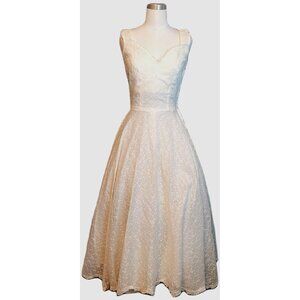 Emma Domb California Couture Dress White Eyelet Lace Small Below Knee 1950s MCM